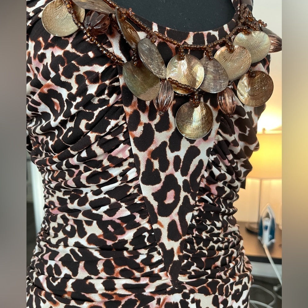 Madison Leopard Print Midi Dress Size 8 NWT | Ruched Bodice, Beaded Neckline, - Picture 6 of 8